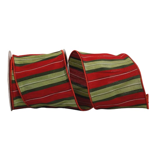 JAM Paper 4" x 10yd. Multicolor Wired Holiday Stripe Dupioni Ribbon
